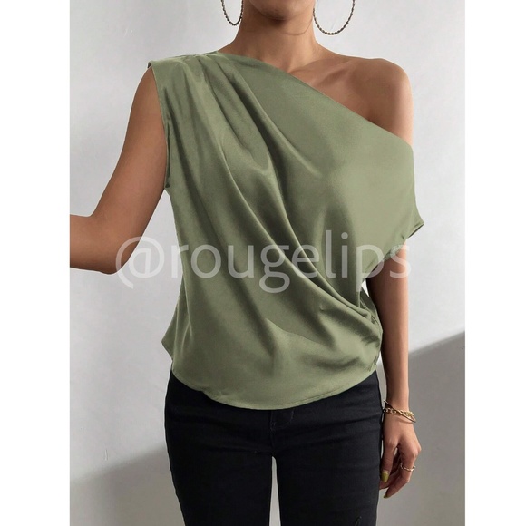 Army Green Satin Draped Asymmetrical Blouse Top Off One Shoulder - Picture 6 of 13